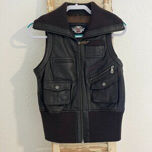 Harley-Davidson Vest Medium Embroidered Brown Leather Motorcycle Wool Blend Y2K